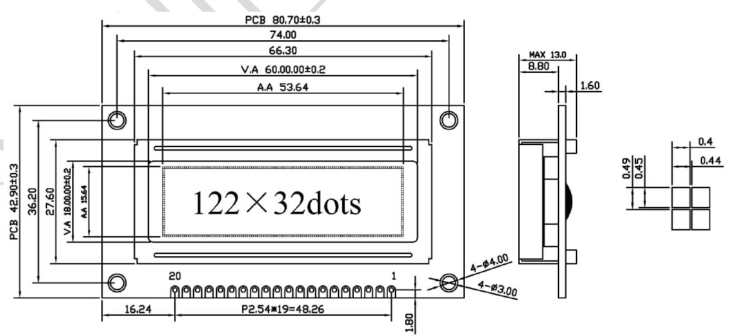YB12232ZK资料下载: 点阵数:122x32 模组尺寸:80.7X42.9X13mm 视域尺寸:60.0X18.0mm LCD模式:STN/FSTN LCD颜色:(蓝膜,黄绿膜,灰膜可任选) 背光类型:LED 控 制 器: ST7920 or EQV 电 压 :3.3V/5.0V 接口方式: 8-bit parallel, 4-bit parallel and Serial interface 字库类型:简体/繁体/中日韩 操作温度:-20~+70C 存储温度:-30~+80C YB12232ZK