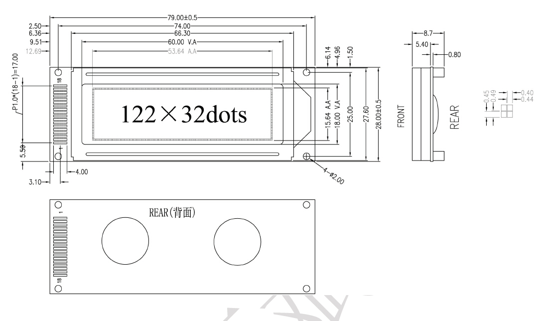 YB12232ZE1资料下载: 点阵数:122x32 模组尺寸:79X28X8.9mm 视域尺寸:60.0X18.0mm LCD模式:STN/FSTN LCD颜色:(蓝膜,黄绿膜,灰膜可任选) 背光类型:LED 控 制 器: ST7920 or EQV 电 压 :3.3V/5.0V 接口方式: 8-bit parallel, 4-bit parallel and Serial interface 字库类型:简体/繁体/中日韩 操作温度:-20~+70C 存储温度:-30~+80C YB12232ZE1采